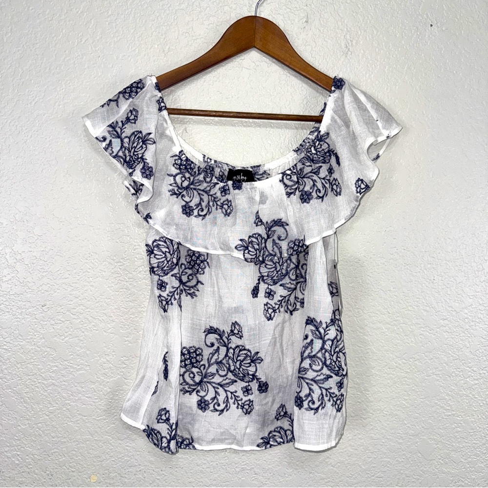 By & By White and Blue Floral Blouse off the shoulder Boho chic beach summer #cc